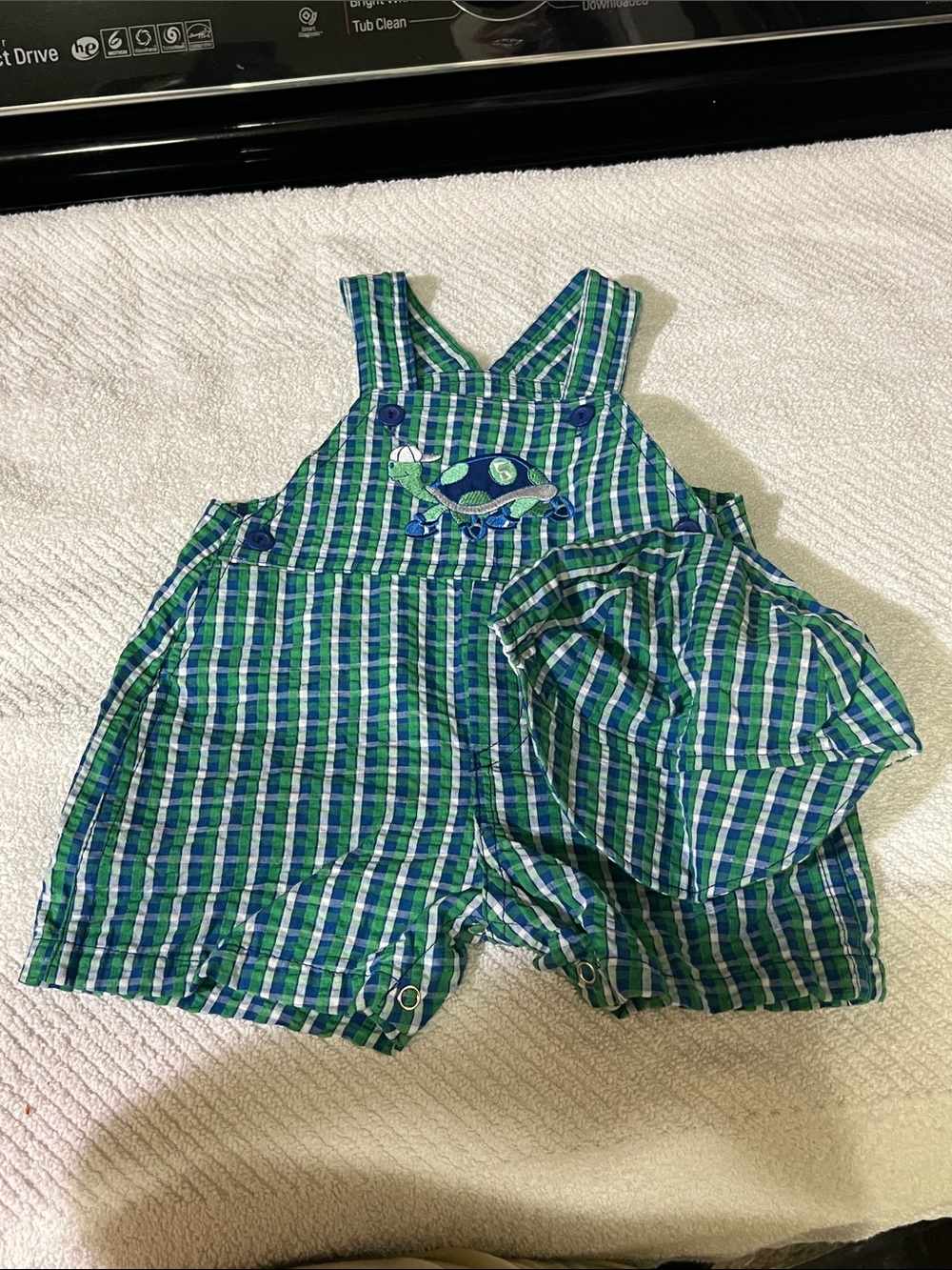 Green Plaid Turtle Embroidered Overalls - Kids Bottoms